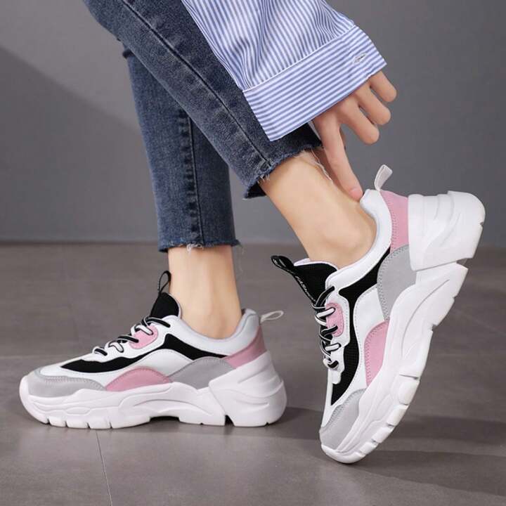 Chunky Sneakers, Spring, With Increased Height, Color Block Design, Multi-Occasions Wearing, Sports Running Shoes For Young